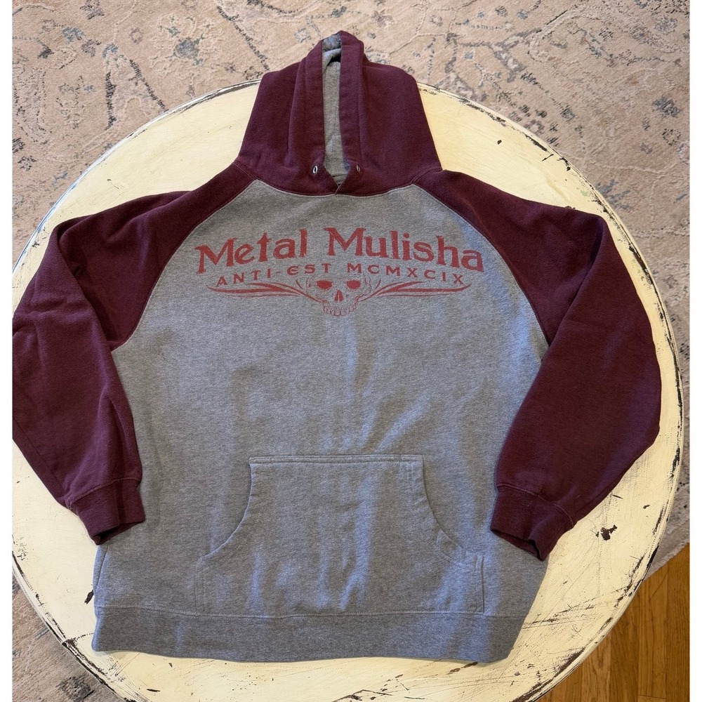 Metal Mulisha Hoodie Mens Large Gray Burgundy Raglan Skull Graphic Pullover